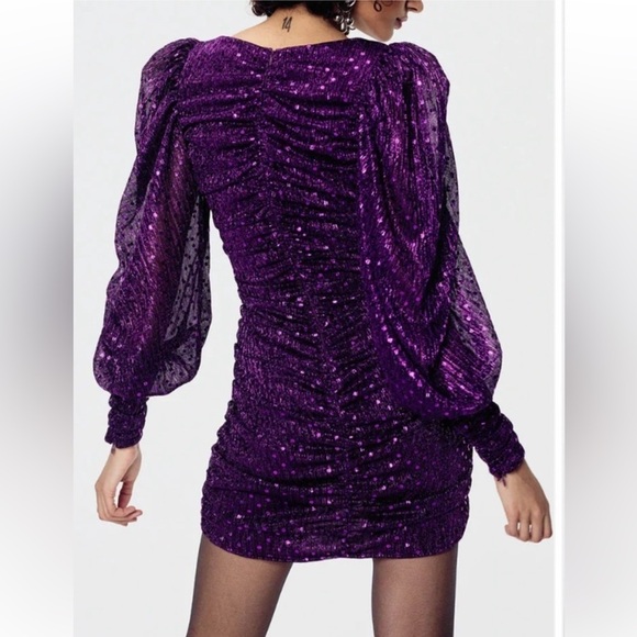 For Love & Lemons Purple Ruched Bodycon Dress w Bishop Sleeves - Picture 12 of 12